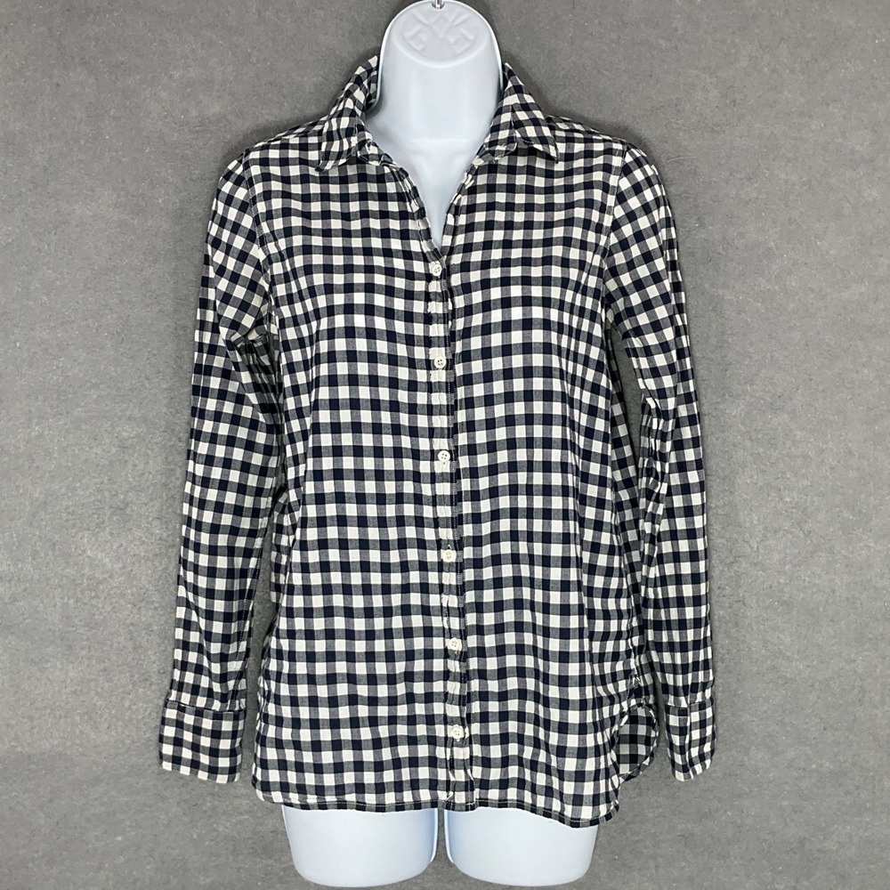 J. Crew Gingham Button Up Shirt Navy‎ White Classic Fit Top Size 0 Office Preppy
